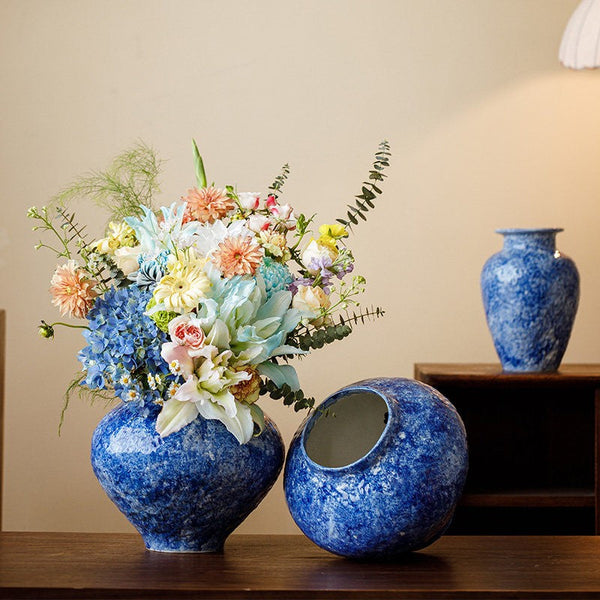 Modern Pottery Flower Vases, Handmade Water Holding Flower Vases, Centerpiece on Dining Table, Blue Pottery Bud Vases, Large Flower Vases on Table-Silvia Home Craft
