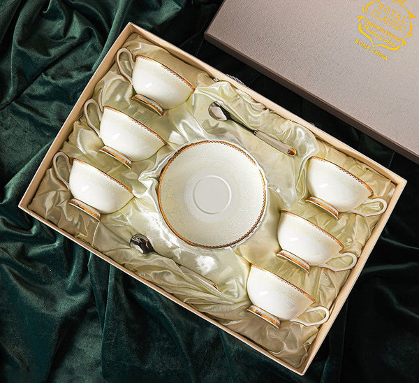 Porcelain Coffee Cup Set, White Ceramic Cups, 7.8 oz British Ceramic Coffee Cups, Unique Tea Cup and Saucer in Gift Box-Silvia Home Craft