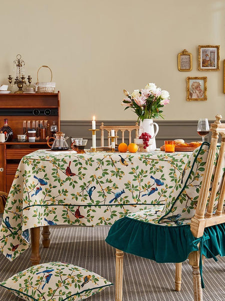 Large Modern Rectangle Tablecloth for Dining Room Table, Bird Flower Pattern Farmhouse Table Cloth, Square Tablecloth for Round Table-Silvia Home Craft