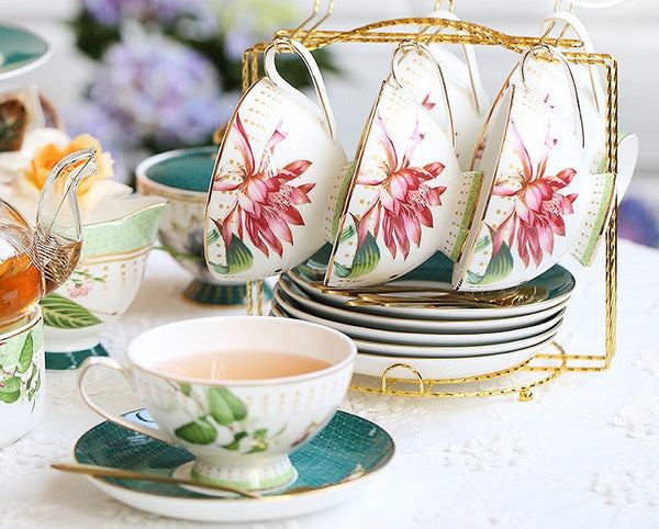 Lotus Flower Porcelain Tea Cup Saucer Set, Elegant Ceramic Coffee Cups, Beautiful British Tea Cups, Traditional English Tea Cup and Saucer-Silvia Home Craft