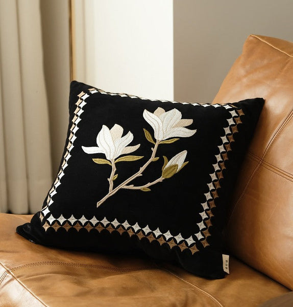 Magnolia Embroidered Cushion, Decorative Pillow Arrangement Ideas for Couch, Large Decorative Pillows for Couch, Modern Throw Pillows for Bedroom, Living Room Decorative Pillows-Silvia Home Craft
