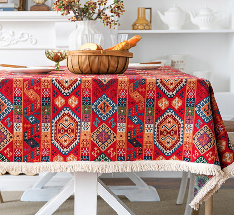 Oriental Red Rectangular Table Covers for Coffee Table, Bohemian Rectangular Tablecloth for Oval Table, Large Modern Linen Tablecloths-Silvia Home Craft