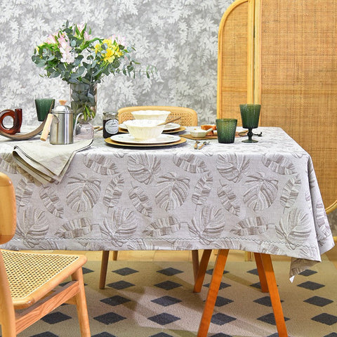 Monstera Leaf Modern Table Cloths for Kitchen, Simple Contemporary Grey Cotton Tablecloth, Large Rectangle Table Covers for Dining Room Table, Square Tablecloth for Round Table-Silvia Home Craft