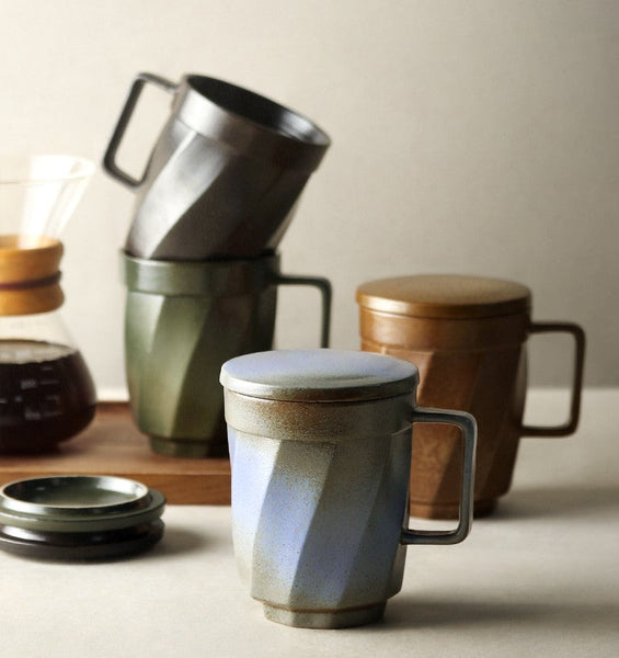 Large Modern Handmade Pottery Coffee Cup, Creative Brown Green Blue Black Ceramic Coffee Mugs, Large Unique Tea Cup, Large Capacity Coffee Mug with Cover-Silvia Home Craft