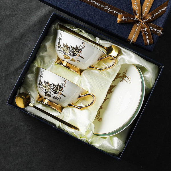 Elegant British Ceramic Coffee Cups, 7.4 oz Golden Leaves and Grapes Porcelain Tea Cup Saucer Set, Unique British Tea Cup and Saucer in Gift Box-Silvia Home Craft