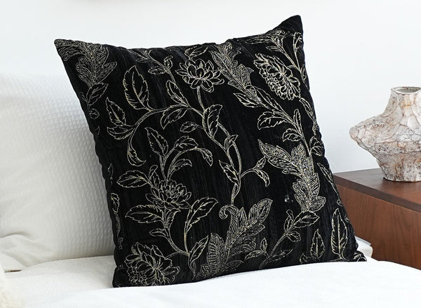 Contemporary Modern Sofa Pillows, Black Embroidery Flower Pattern Pillows for Couch, Decorative Throw Pillows for Bedroom, Large Modern Sofa Pillow for Dining Room-Silvia Home Craft