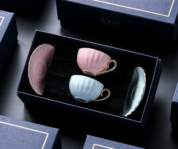 Beautiful British Tea Cups, Creative Porcelain Tea Cup Saucer Set of 2 Cups, Elegant Macaroon Ceramic Coffee Cups, 6.8 oz Tea Cup and Saucer in Gift Box as Birthday Gift-Silvia Home Craft