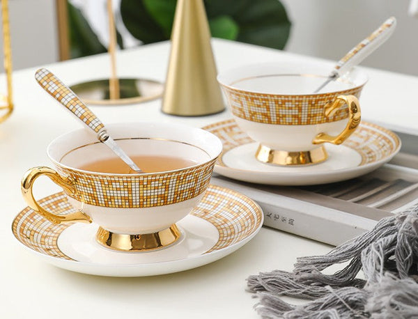 Bone China Porcelain Tea Cup Set for Office, Yellow Ceramic Cups, Elegant British Ceramic Coffee Cups, Unique Tea Cup and Saucer in Gift Box-Silvia Home Craft