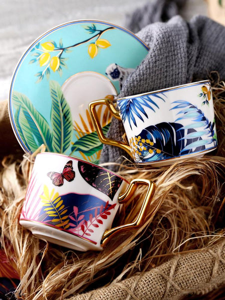 Elegant Tea Cup and Saucer, Jungle Toucan Pattern Porcelain Coffee Cups, 7.4 oz Coffee Cups with Gold Trim and Gift Box-Silvia Home Craft