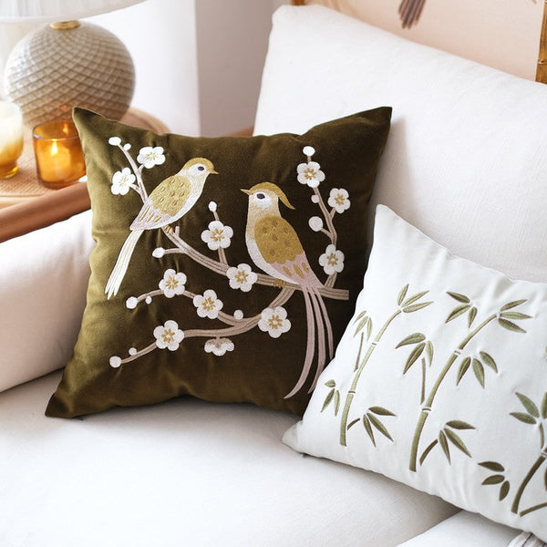 Embroidered birds cushion, Decorative Pillows for Couch, Vintage Decorative Pillows, Modern Throw Pillows for Bedroom, Decorative Pillow Arrangement Ideas for Couch-Silvia Home Craft