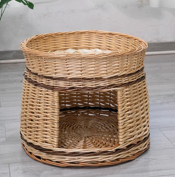 Large Double-Layer Cat Bed, Wicker Cat House Basket with Washable Cushion for Indoor Cats and Dogs-Silvia Home Craft