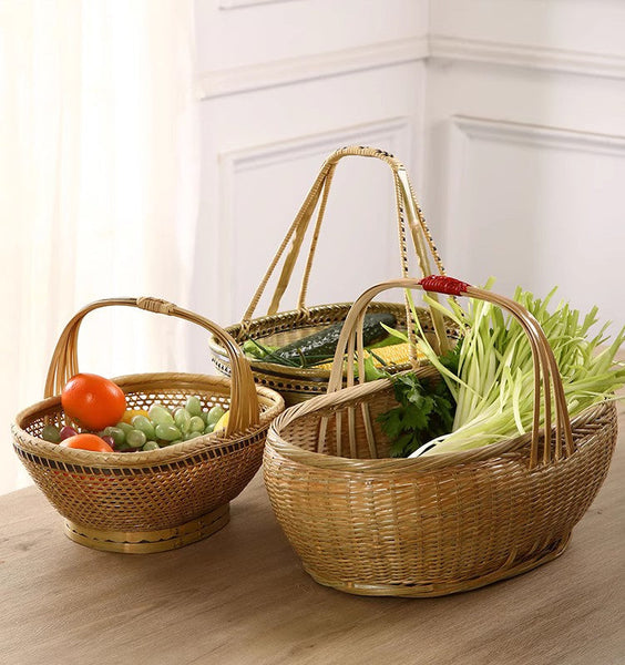 Natural Hand-woven Bamboo Basket, Extra Large Picnic Food Basket with Handle, Lovely Bamboo Baskets for Vegetable, Natural Fruit Basket Kitchen Storage Baskets-Silvia Home Craft