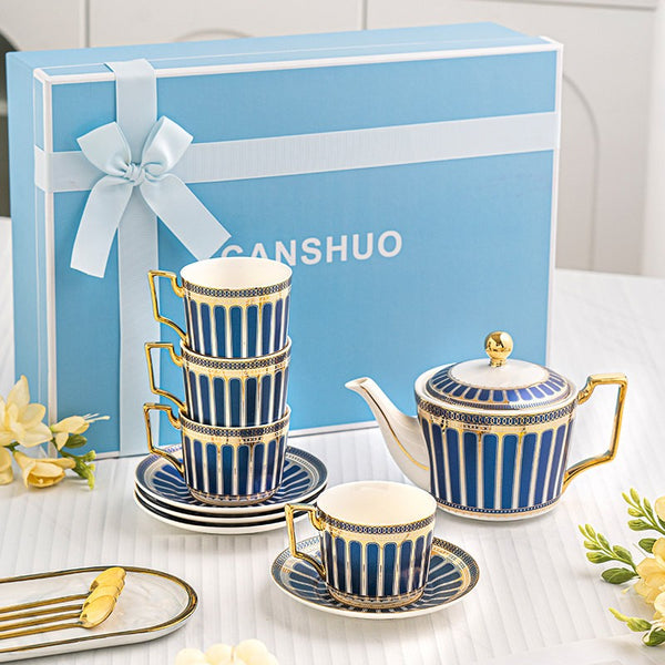 Porcelain Tea Cup and Saucer Set of 4 cups, British Tea Cup Set, 7.4 oz Blue Ceramic Tea Cup and Saucer Set with Teapot, Modern Blue Coffee Cup with Saucer-Silvia Home Craft