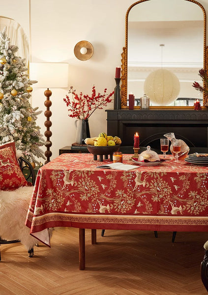 Forest Deer Red Table Covers, Square Tablecloth for Kitchen, Long Modern Rectangular Tablecloth for Dining Room Table, Extra Large Tablecloth for Round Table-Silvia Home Craft