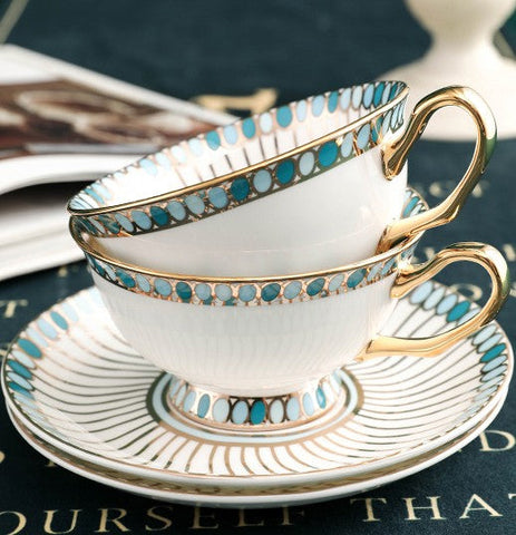 Unique Tea Cup and Saucer in Gift Box, Elegant British Ceramic Coffee Cups, Bone China Porcelain Tea Cup Set for Office, Green Ceramic Cups-Silvia Home Craft