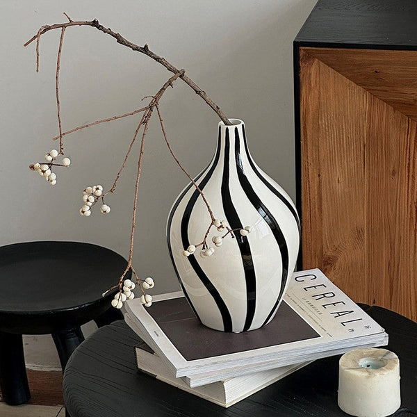 Water Holding Flower Vases, Black and White Striped Ceramic Vase, Porcelain Flower Vases, Modern Flower Vases on Table-Silvia Home Craft