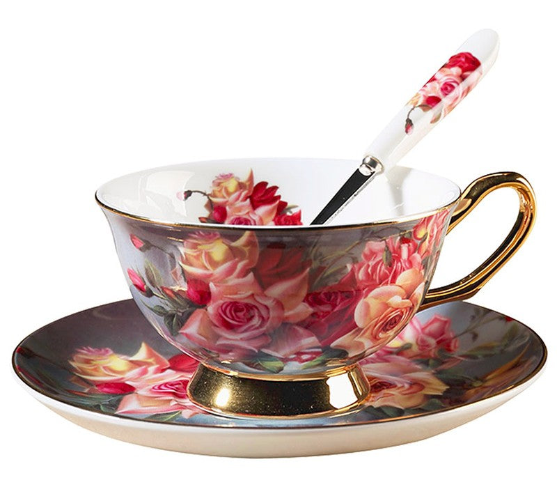Ceramic Tea Cups and Saucers in Gift Box, Rose Flower Royal Bone China Porcelain Tea Cup Set, Elegant Ceramic Coffee Cups, Beautiful British Tea Cups-Silvia Home Craft