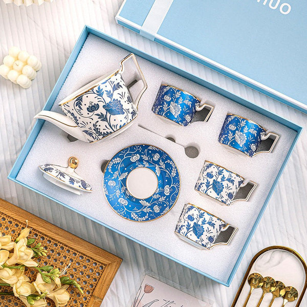 Unique British Traditional Afternoon Tea Cup Set with Teapot, 8 oz Ceramic Coffee Cup with Saucer Set of 4 cups in Gift Box, Blue Porcelain Tea Cup and Saucer Set-Silvia Home Craft
