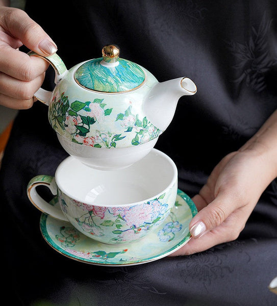Vintage Style Stackable Tea Pot Set, English Style Tea Pot and Cup Set, Ceramic Tea Pot with Integrated Cup, Mother-and-Baby Teapot with Matching Saucer-Silvia Home Craft