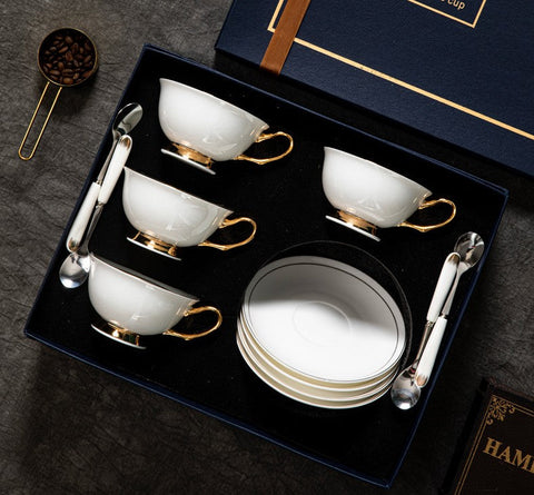 Bone China Porcelain Tea Cup Set, White Ceramic Cups, Elegant British Ceramic Coffee Cups, Unique Tea Cup and Saucer in Gift Box-Silvia Home Craft