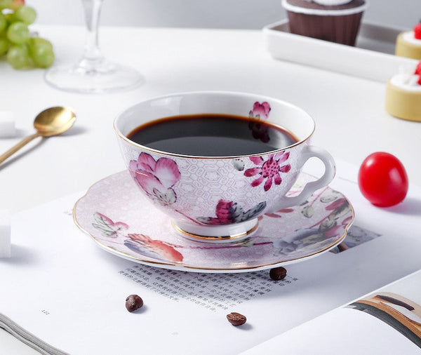 Unique Porcelain Cup and Saucer, Beautiful British Flower Tea Cups, Elegant Ceramic Coffee Cups, Creative Porcelain Tea Cup Set-Silvia Home Craft