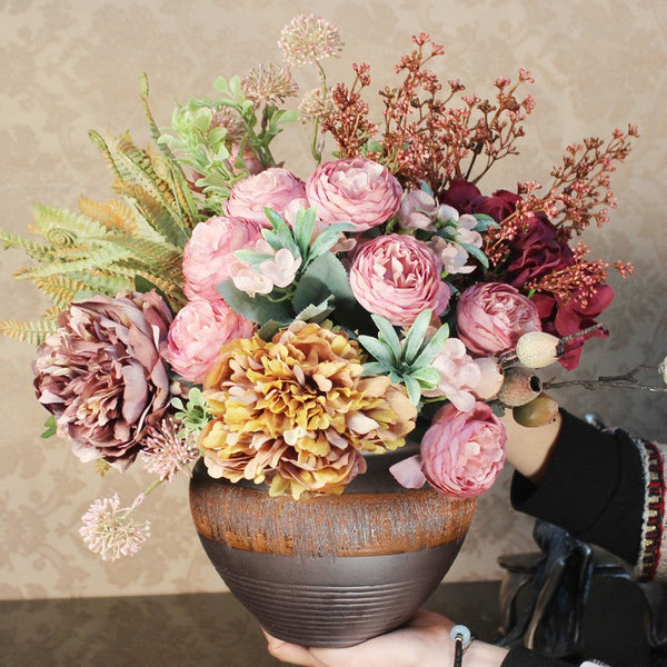 Real Touch Faux Silk Floral Bouquet Table Centerpiece, Beautiful Artificial Floral Arrangement for Bedroom, Large Bunch of Peony Flowers Arrangement-Silvia Home Craft