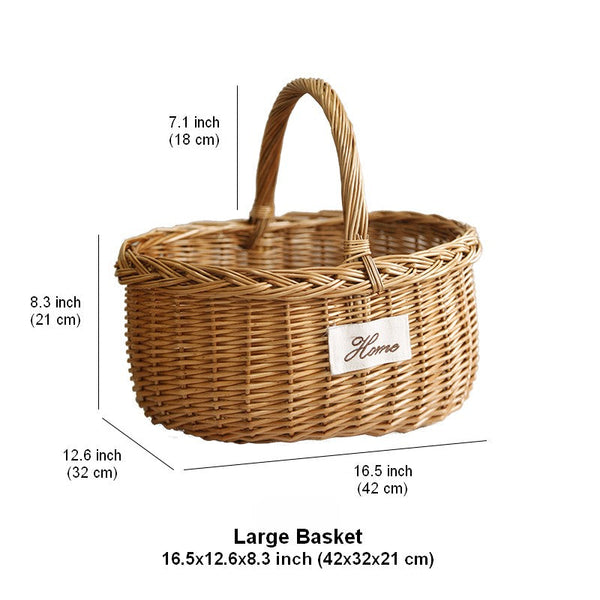 Hand-woven Wicker Storage Basket, Large Picnic Food Basket with Handle, Willow Weaving Baskets for Vegetable, Natural Fruit Basket, Kitchen Storage Baskets-Silvia Home Craft
