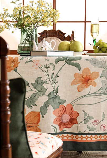 Linen Table Cover for Dining Room Table, Beautiful Kitchen Table Cover, Spring Flower Tablecloth for Round Table, Simple Modern Rectangle Tablecloth Ideas for Oval Table-Silvia Home Craft