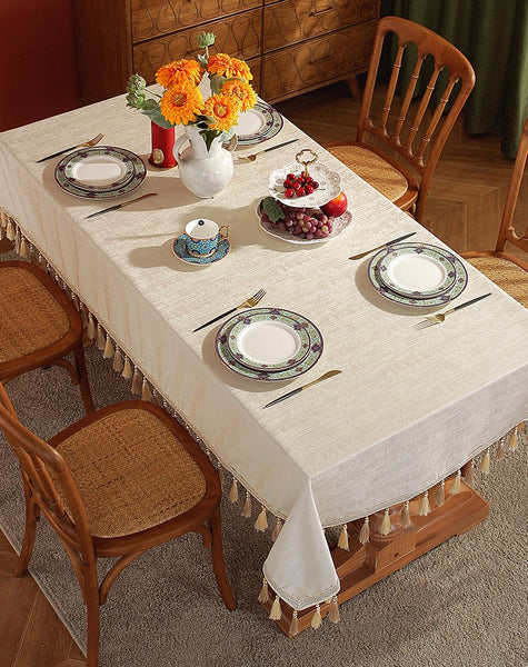 Modern Rectangle Tablecloth for Kitchen, Beige Fringes Tablecloth for Home Decoration, Square Tablecloth for Round Table, Large Simple Table Cloth for Dining Room Table-Silvia Home Craft