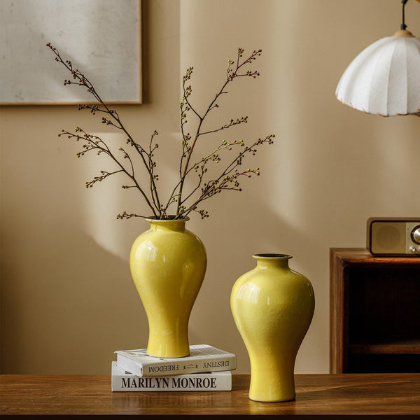 Porcelain Flower Vases, Handmade Water Holding Flower Vase, Yellow Flower Vases on Table, Ceramic Bud Vases-Silvia Home Craft