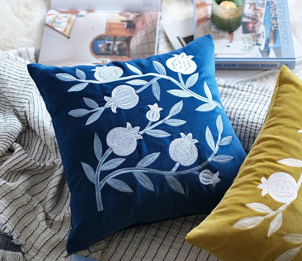Large Decorative Pillows for Couch, Living Room Decorative Pillows, Blue Embroidered Pomegranate Cushion, Modern Throw Pillows for Bedroom, Decorative Pillow Arrangement Ideas for Couch-Silvia Home Craft