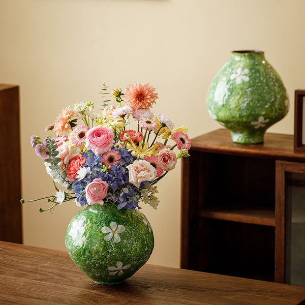 Centerpiece on Dining Table, Handmade Water Holding Flower Vases, Modern Pottery Flower Vases, Pottery Bud Vases, Large Green Flower Vases on Table-Silvia Home Craft