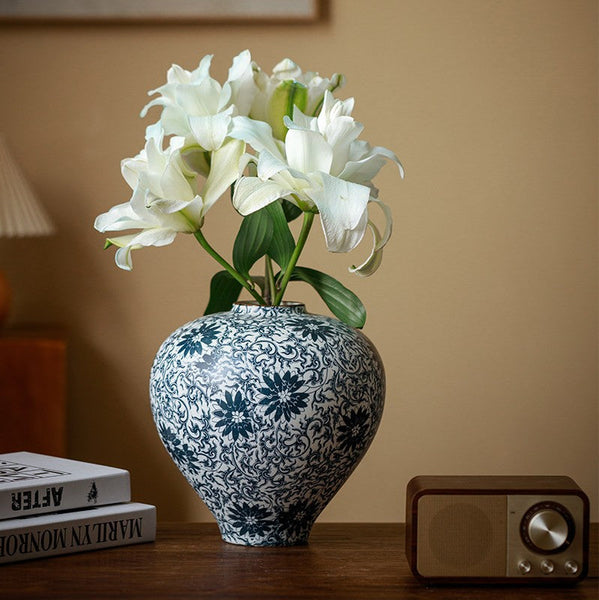Centerpiece on Dining Table, Large Blue Flower Vase on Table, Vintage Bouquet Flower Vases, Handmade Porcelain Flower Vases Urn, Water Holding Flower Vases-Silvia Home Craft