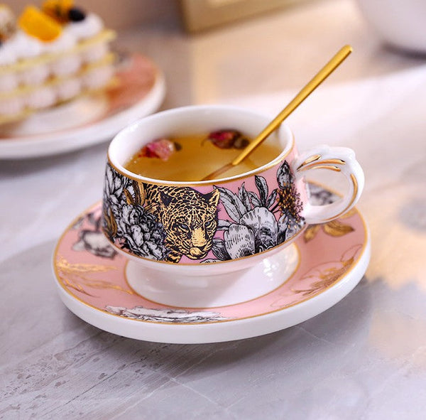 Jungle Tiger Cheetah Porcelain Tea Cups, Creative Ceramic Cup and Saucer, Unique Ceramic Coffee Cups with Gold Trim and Gift Box-Silvia Home Craft