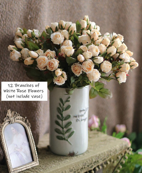Wedding Artificial Flowers, 12 Branches of White Rose Flowers, White Rose Flower in Vase, Real Touch Flowers, Simple Flower Arrangement Ideas for Home Decoration-Silvia Home Craft