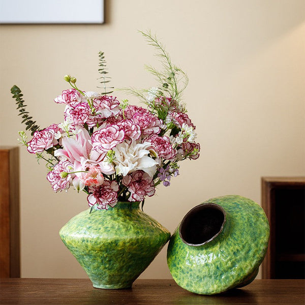 Centerpiece on Dining Table, Modern Pottery Flower Vases, Handmade Water Holding Flower Vases, Pottery Bud Vases, Large Green Flower Vases on Table-Silvia Home Craft