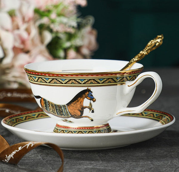 Elegant British Horse Pattern Coffee Cup with Saucer, 7.4 oz Ceramic Tea Cup and Saucer in Gift Box, Porcelain Tea Cup and Saucer Set-Silvia Home Craft