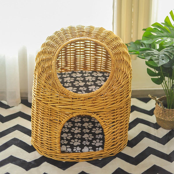 Large Double-Layer Cat Bed, Wicker Cat House Basket with Washable Cushion for Indoor Cats and Dogs-Silvia Home Craft