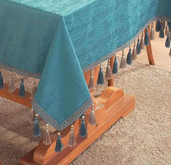 Green Fringes Tablecloth for Home Decoration, Square Tablecloth for Round Table, Modern Rectangle Tablecloth, Large Simple Table Cloth for Dining Room Table-Silvia Home Craft