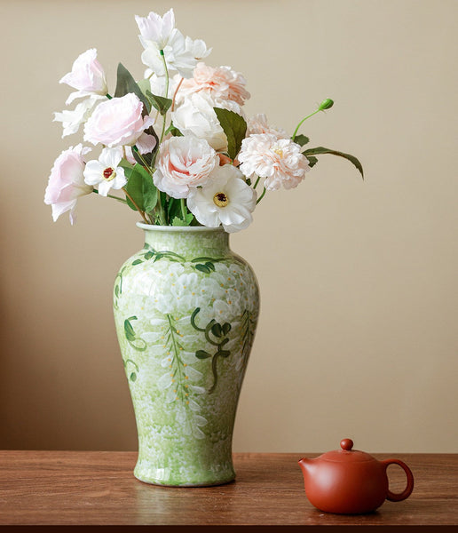 Large Flower Vases on Table, Green Porcelain Flower Vases, Centerpiece Ceramic Bud Vases, Handmade Water Holding Flower Vase-Silvia Home Craft