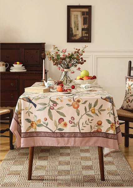 Bird and Fruit Tree Kitchen Table Cover, Linen Table Cover for Dining Room Table, Tablecloth for Round Table, Simple Modern Rectangle Tablecloth Ideas for Oval Table-Silvia Home Craft