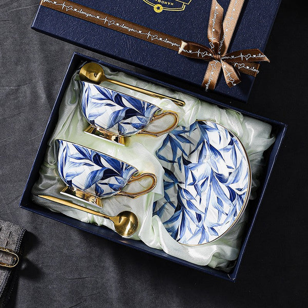 Unique British Tea Cup and Saucer in Gift Box, Blue Porcelain Tea Cup Saucer Set, 7.4 oz British Ceramic Coffee Cups-Silvia Home Craft