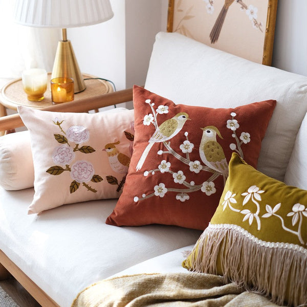 Modern Throw Pillows for Bedroom, Decorative Pillows for Couch, Vintage Decorative Pillows, Embroidered Birds Cushion, Decorative Pillow Arrangement Ideas for Couch-Silvia Home Craft