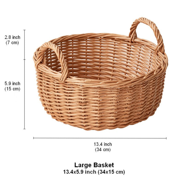 Picnic Fruit Basket with Handle, Kitchen Storage Baskets, Natural Hand-woven Wicker Round Storage Basket, Lovely Willow Weaving Baskets for Vegetable, Natural Fruit Storage Basket-Silvia Home Craft