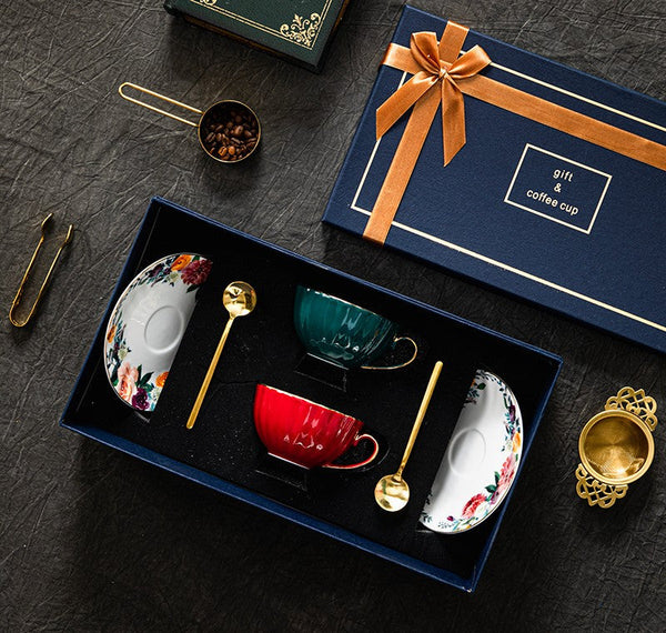 Elegant Ceramic Coffee Cups, Beautiful British Tea Cups, Creative Bone China Porcelain Tea Cup Set, Unique Tea Cups and Saucers in Gift Box-Silvia Home Craft