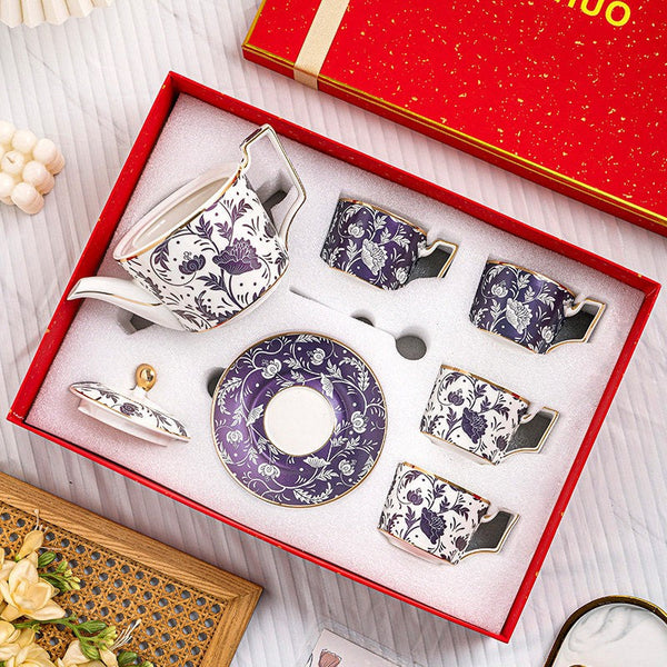 Porcelain Tea Cup and Saucer Set of 4 cups, 8 oz British Traditional Afternoon Tea Cup Set with Teapot, Ceramic Coffee Cup with Saucer in Gift Box-Silvia Home Craft