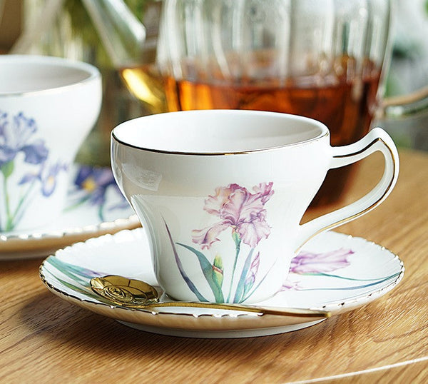 Iris Flower British Tea Cups, Beautiful Porcelain Tea Cup Sucer Set, Traditional English Tea Cups and Saucers, Unique Ceramic Coffee Cups in Gift Box-Silvia Home Craft