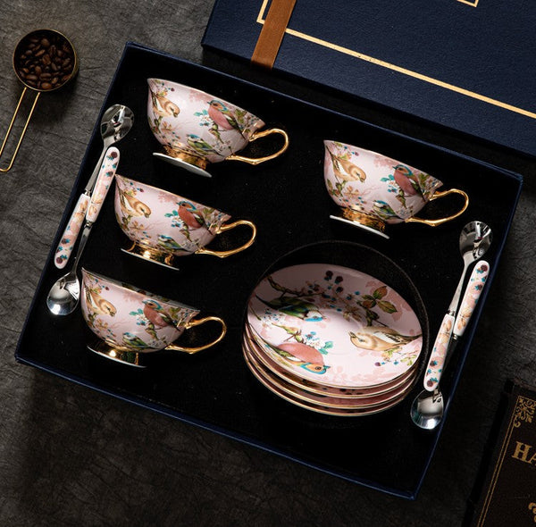 Unique Tea Cup and Saucer in Gift Box, Lovely Birds Ceramic Cups, 8 oz Ceramic Coffee Cups, Afternoon Porcelain Tea Cup Set-Silvia Home Craft