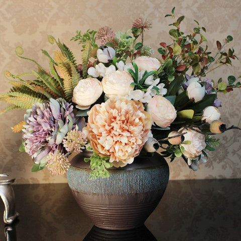 Large Bunch of Peony Flowers Arrangement for Dining Table, Faux Silk Floral Bouquet Table Centerpiece, Beautiful Artificial Floral Arrangement for Bedroom-Silvia Home Craft