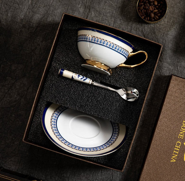 Blue Porcelain Tea Cup Saucer Set, Elegant British Ceramic Coffee Cups, Unique British Tea Cup and Saucer in Gift Box-Silvia Home Craft